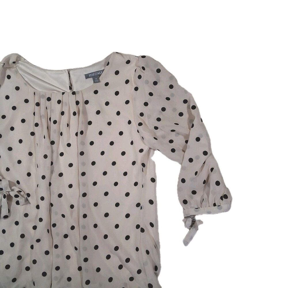 Roz & Ali Polka Dot Blouse Cream Black Tie Sleeve Bow Cuff Round Neck Top SZ M - Picture 6 of 10